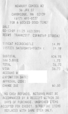 Receipt of a trip the Harvard Square Newbury Comics